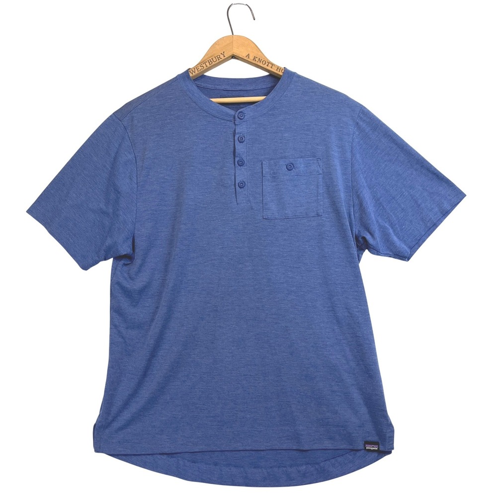 Patagonia Capilene Cool Trail Henley Shirt Blue Mens L Short‎ Sleeve